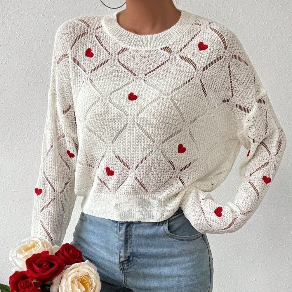 White Casual Womens Love Heart Embroidery Hollow Out Knitted Sweater - Picture 4 of 5